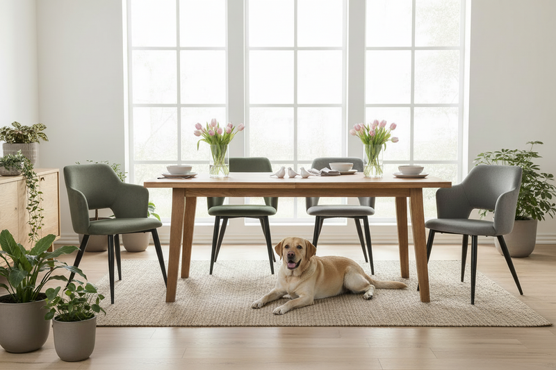 Dining room with additional green chair on left