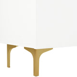 Buffet moderne 4 portes blanc avec verre trempé et pieds en métal doré, design minimaliste avec grand espace de rangement