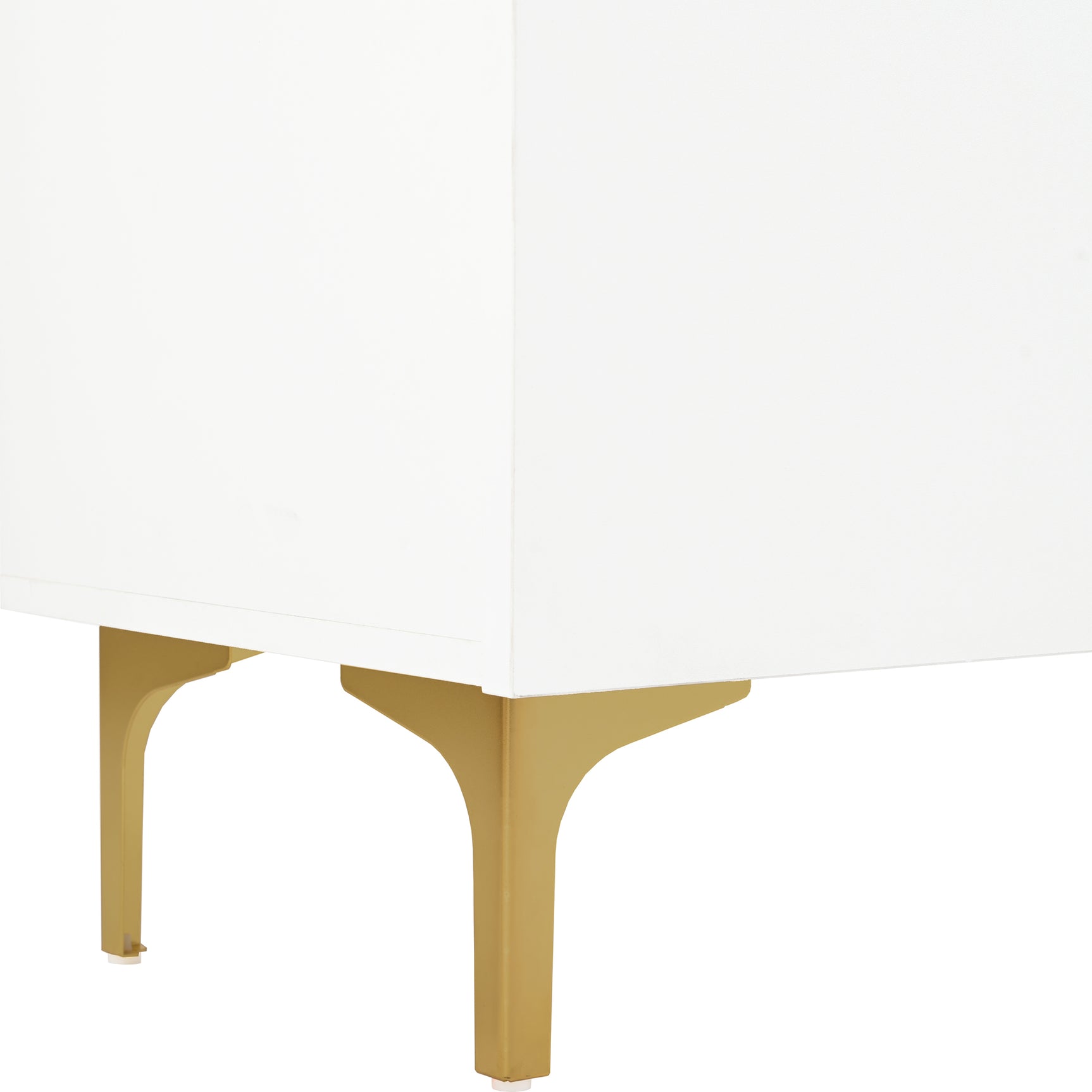 Buffet moderne 4 portes blanc avec verre trempé et pieds en métal doré, design minimaliste avec grand espace de rangement