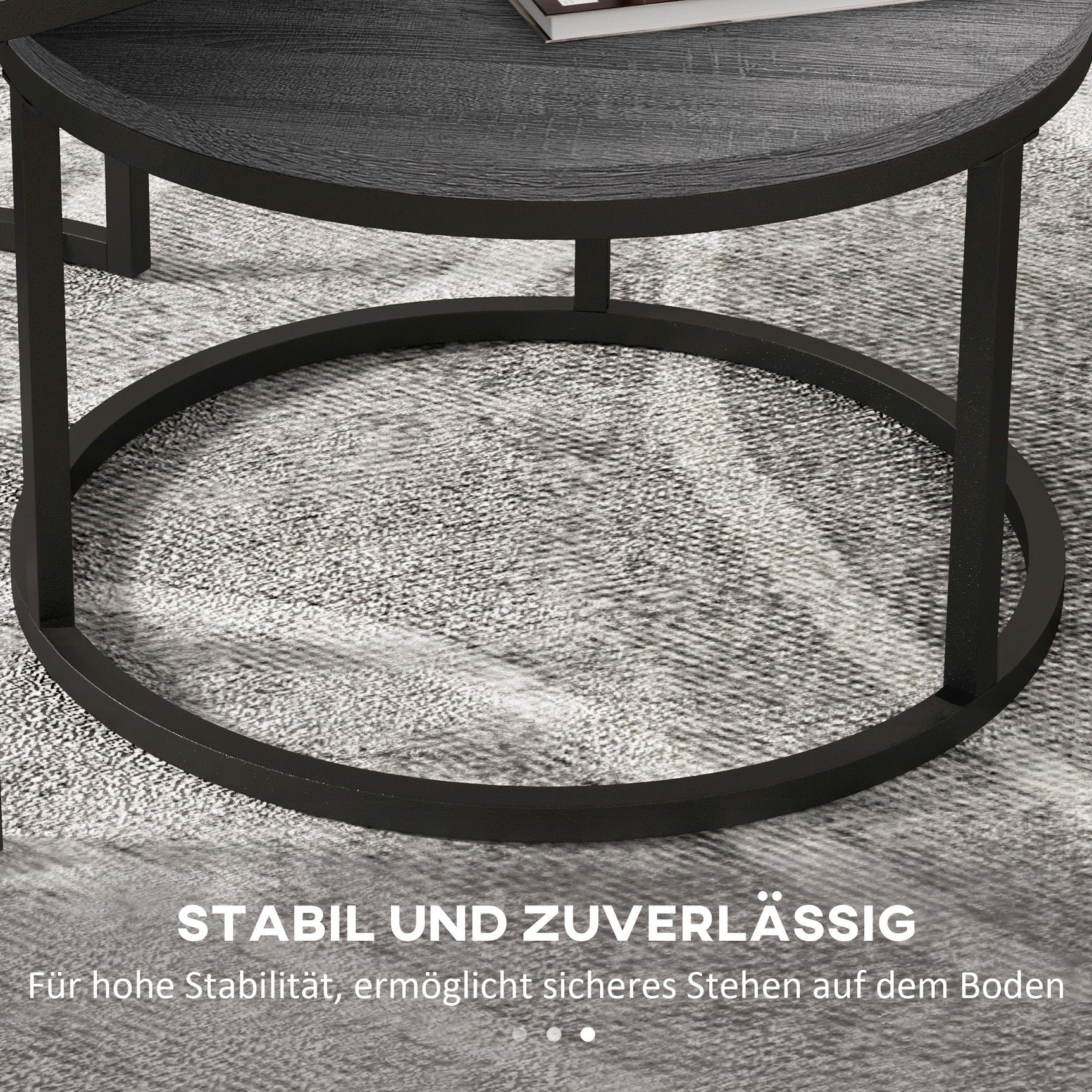 Lot de 2 tables basses rondes empilables avec plateau effet bois et structure en métal noir