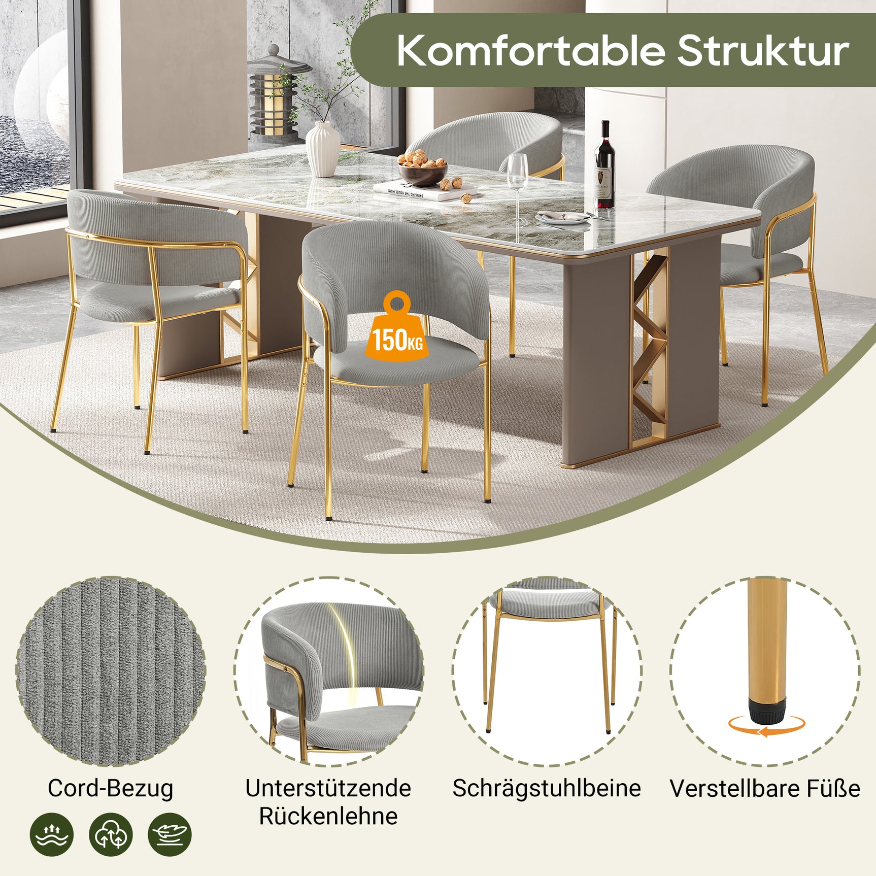 Lot de 2 chaises modernes en tissu côtelé gris avec pieds inclinés en bois et métal, dossier ergonomique et pieds réglables