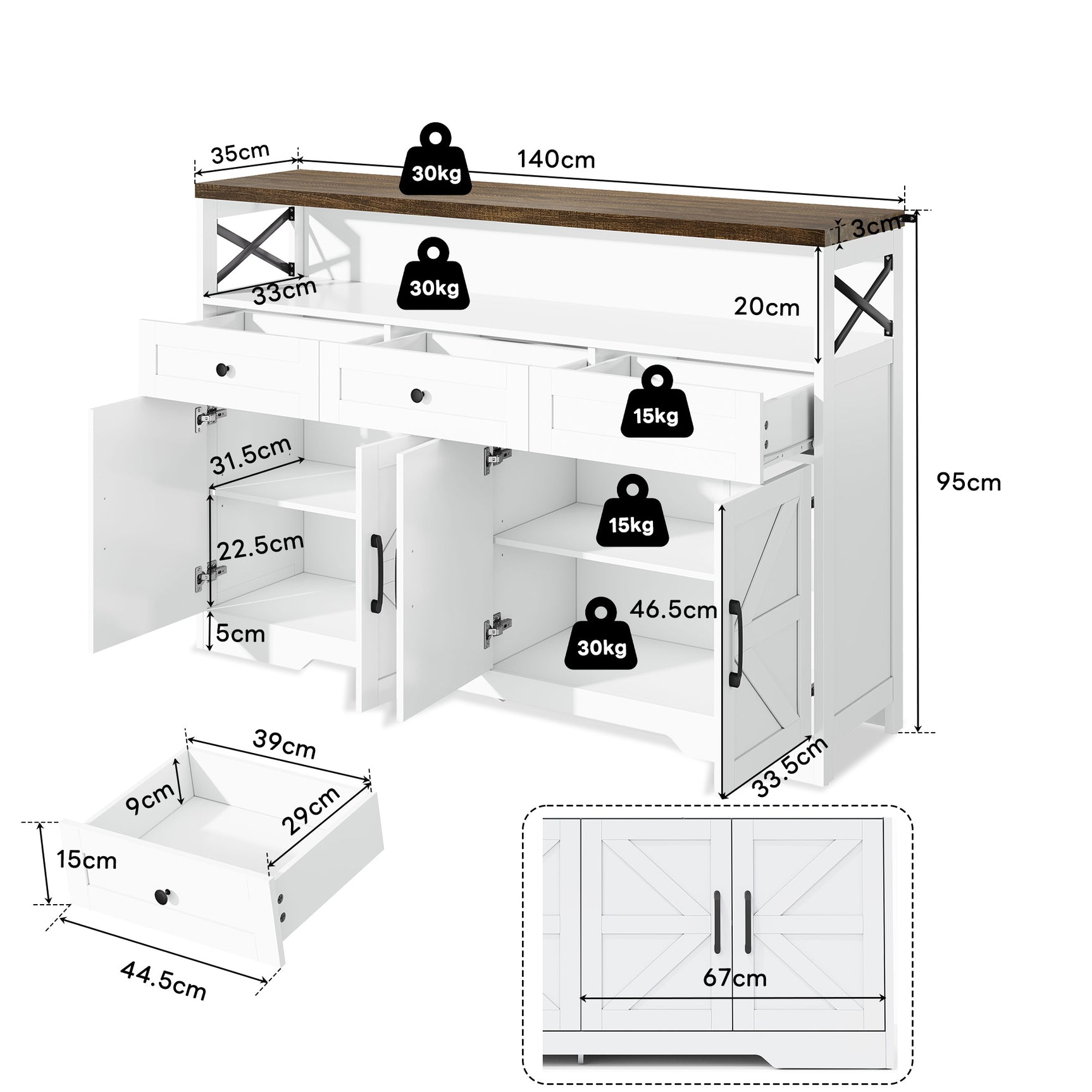 Buffet rustique blanc et brun avec 3 tiroirs et 2 portes