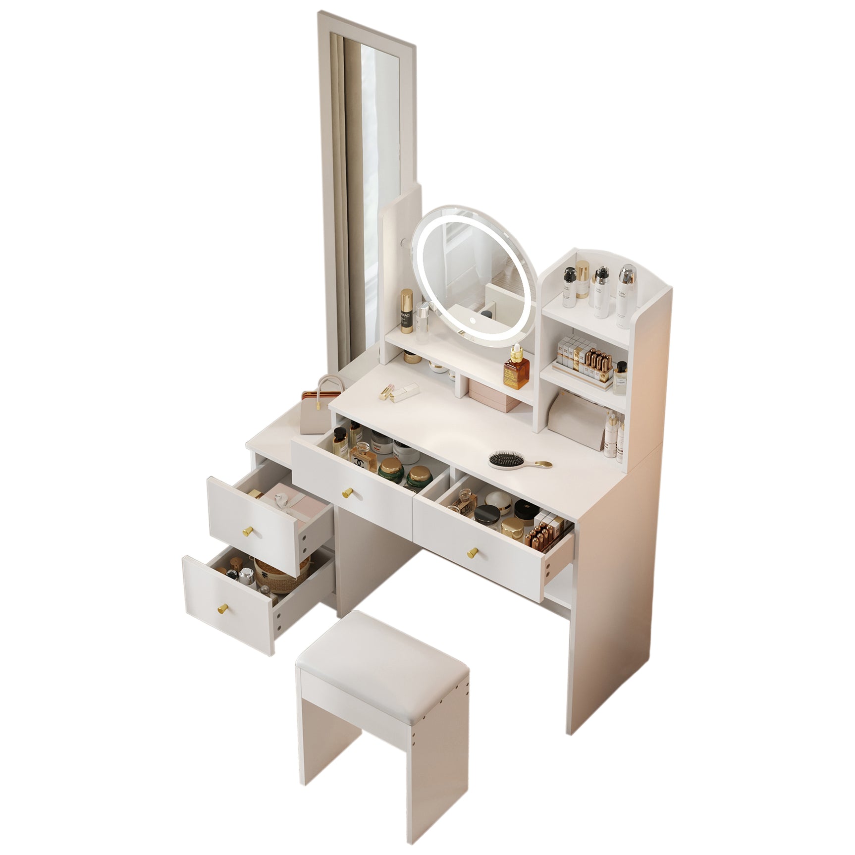 Weißer 4-in-1-Schminktisch mit ganzem Spiegel und Drehspiegel, gepolstertem Hocker, integrierter Speicher und 3-Farben-LED-Beleuchtung, 109x36x164 cm