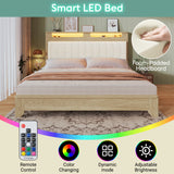 Lit double 160x200 cm en bois avec sommier, tête de lit avec LED intégrées, dossier rembourré en tissu côtelé beige et espace de rangement pratique (matelas non inclus)
