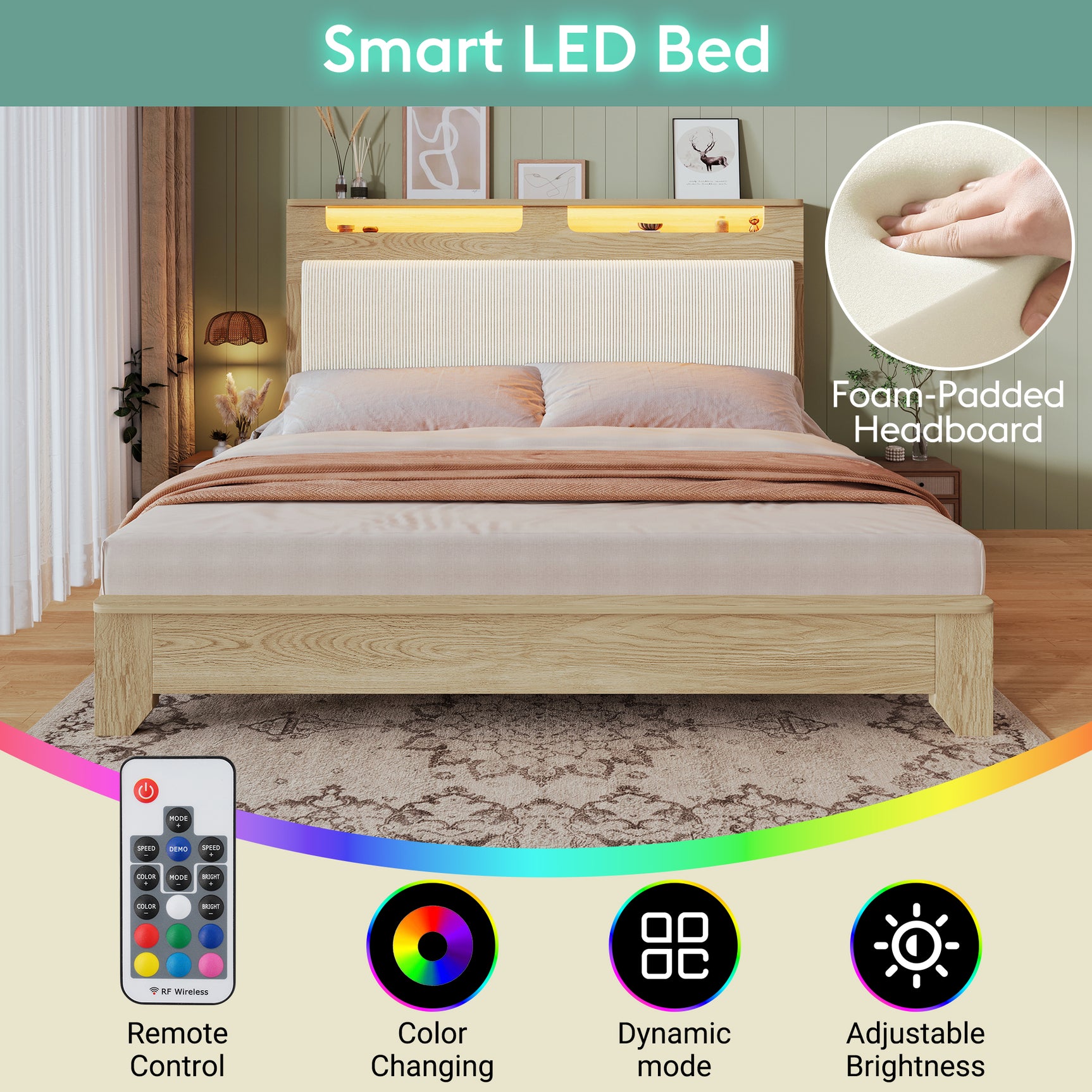 Lit double 160x200 cm en bois avec sommier, tête de lit avec LED intégrées, dossier rembourré en tissu côtelé beige et espace de rangement pratique (matelas non inclus)