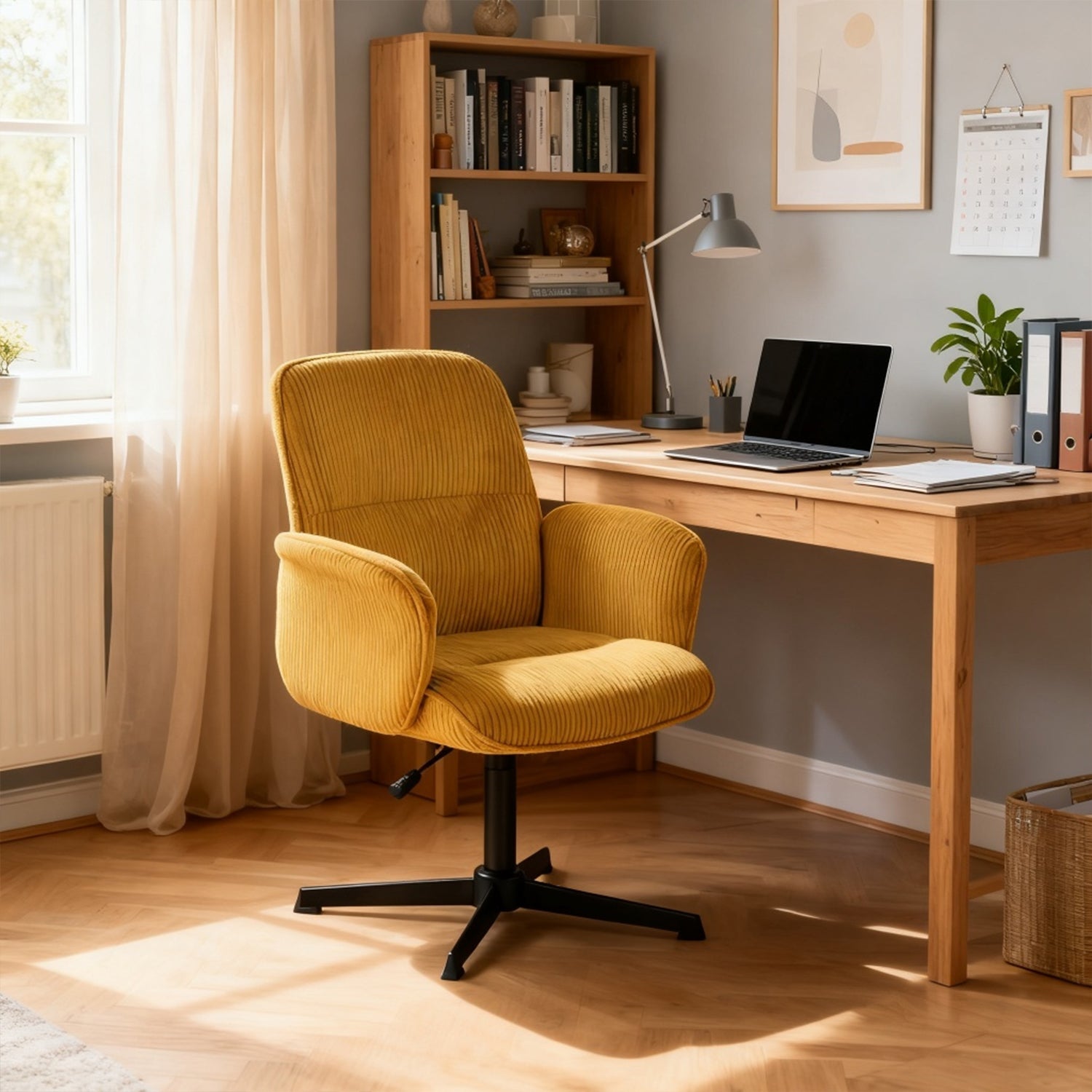 Fauteuil de bureau ergonomique pivotant et réglable avec accoudoirs en velours côtelé jaune - THOMASINA