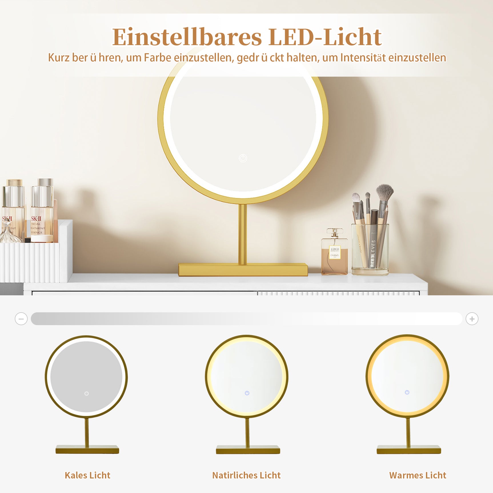 Dimensiones con espejo LED de 3 columnas, mesa de maquillaje de madera con 3 cajones y gabinete lateral, diseño extensible