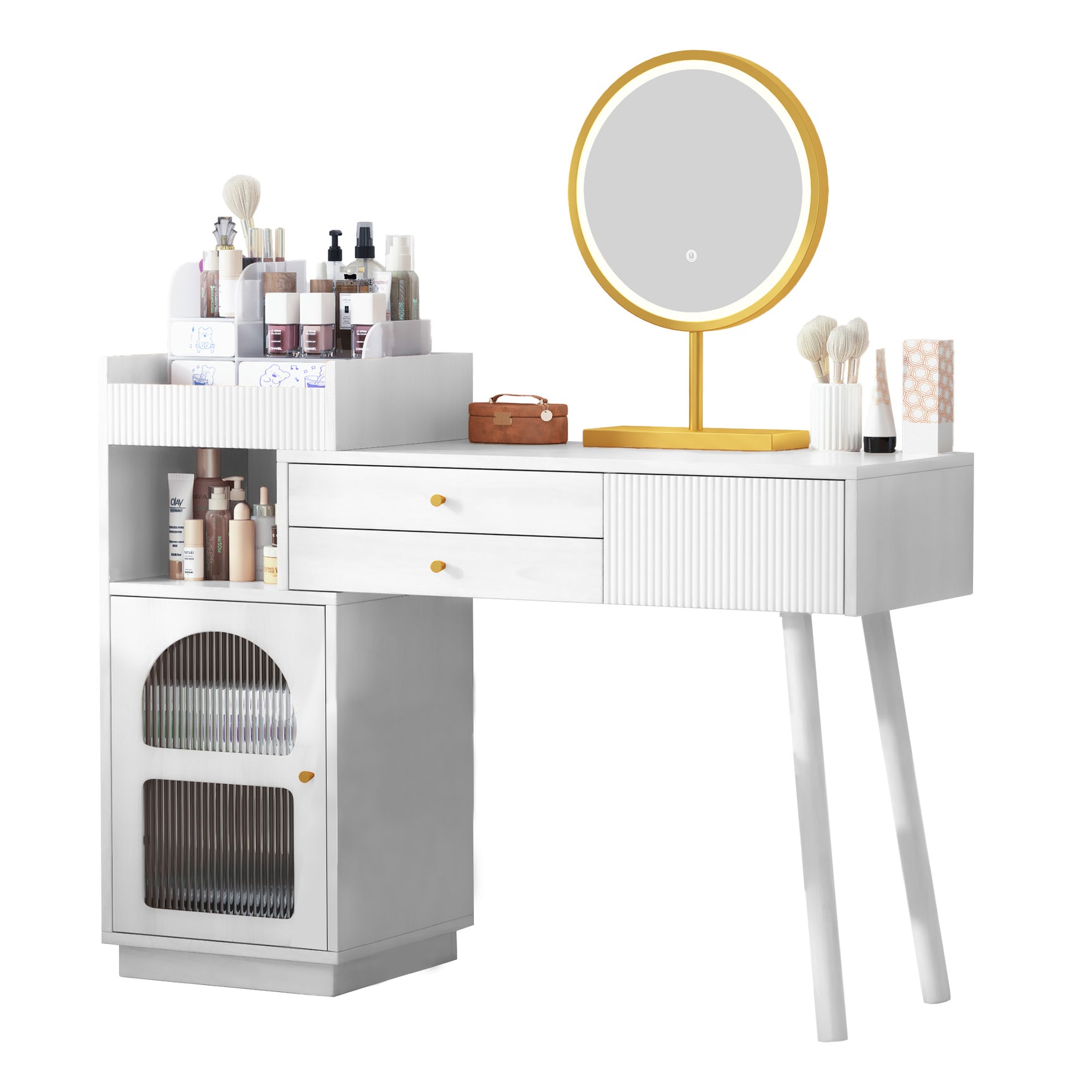Dimensiones con espejo LED de 3 columnas, mesa de maquillaje de madera con 3 cajones y gabinete lateral, diseño extensible
