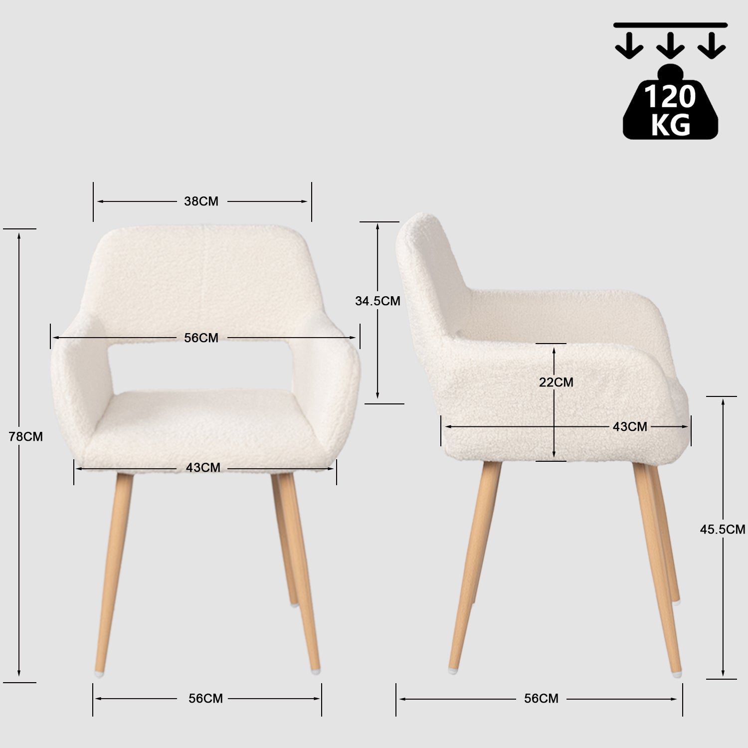 Set di 4 poltrone da pranzo scandinave con braccioli in tessuto di pelle di pecora beige - CROMWELL
