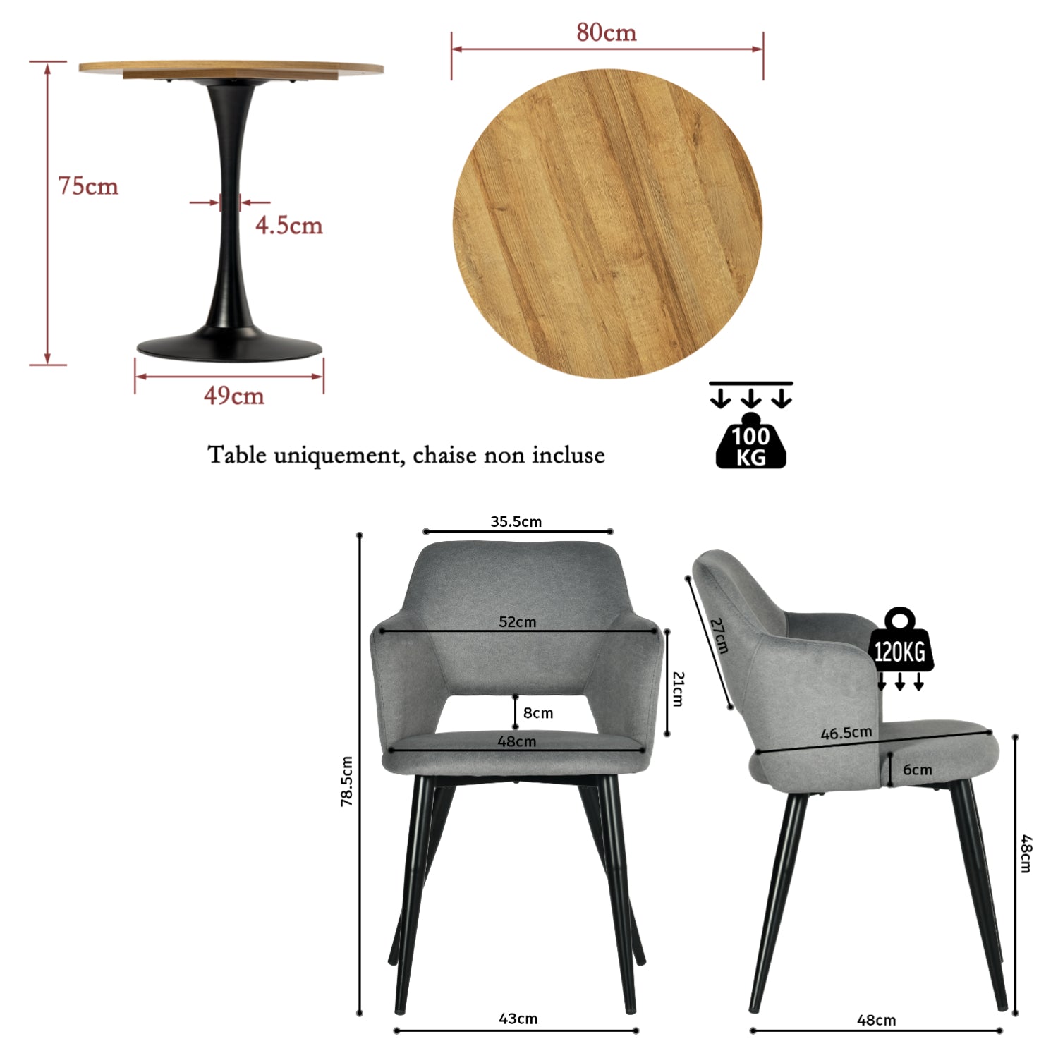 Ensemble de salle à manger de style scandinave composé d'une table ronde en chêne et de 2 fauteuils en tissu gris