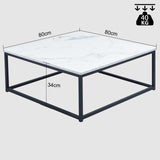 Table basse carrée style contemporain, plateau en bois effet marbre, structure en métal noir - FACTO