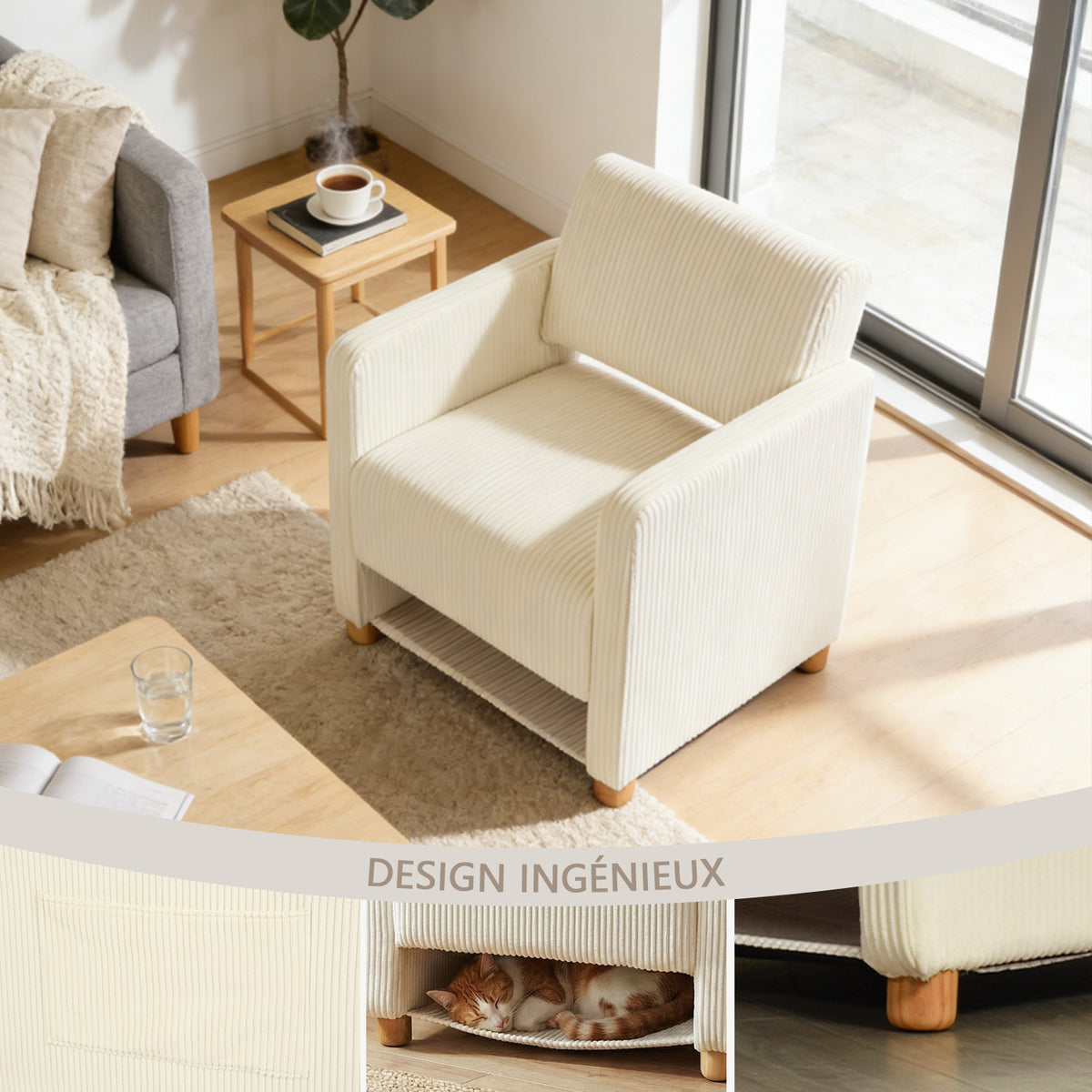 Lot de 2 fauteuil de détente 1 place canapé pour salon, fauteuil avec emballage en velours côtelé beige - KARIA