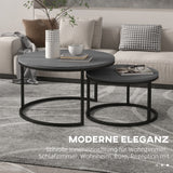 Lot de 2 tables basses rondes empilables avec plateau effet bois et structure en métal noir