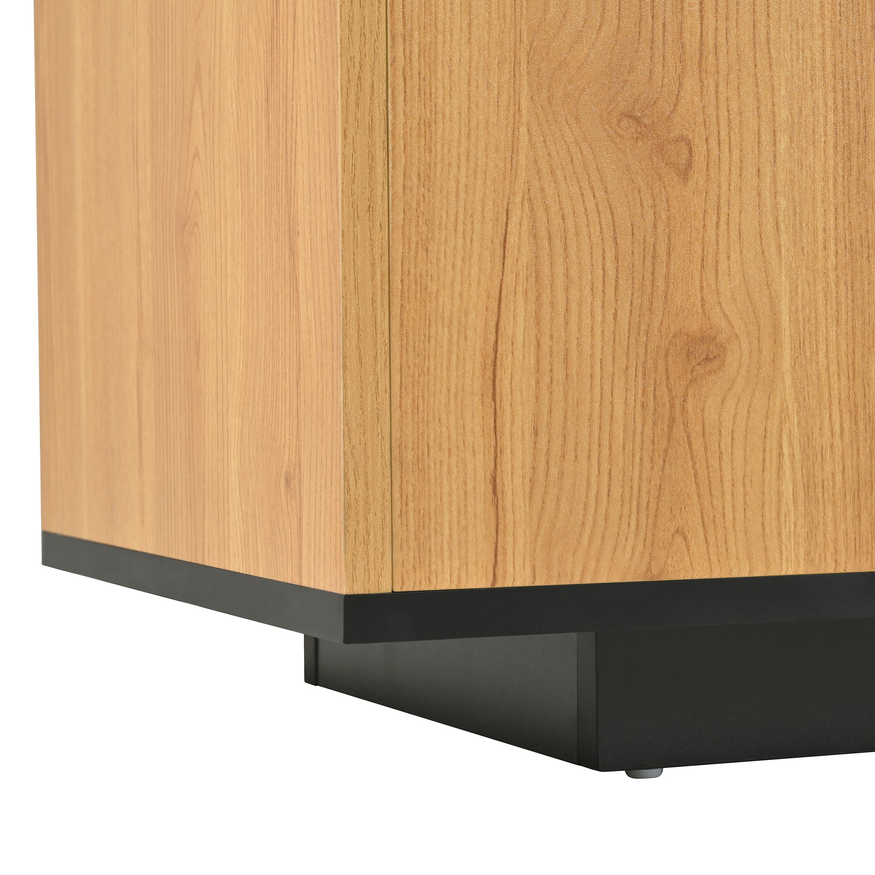 Meuble TV avec tiroir, 3 portes, 2 niches en verre et éclairage LED, noir et bois naturel