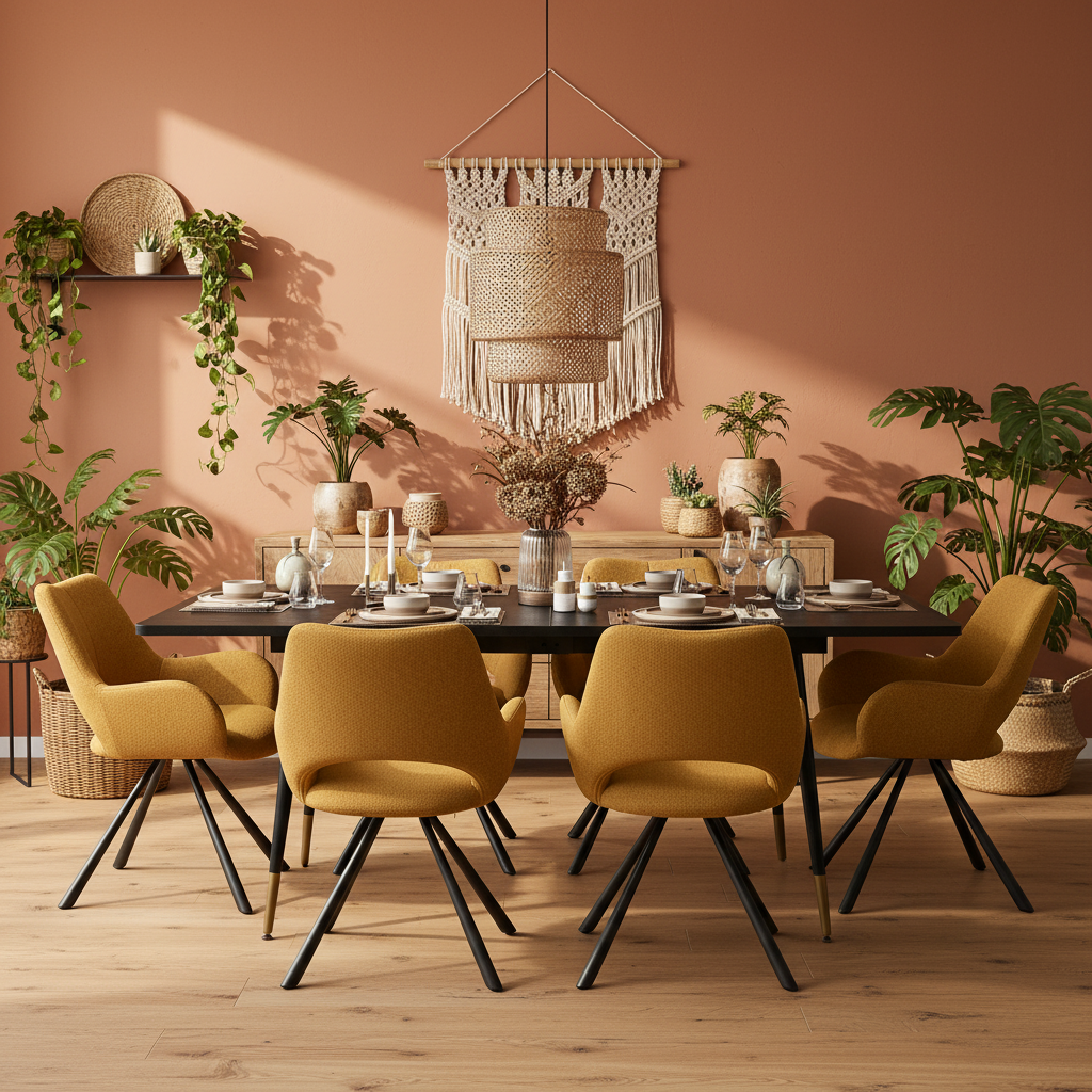 Round Table Table Table Table Timber Ø80 cm with 4 black velvet chairs, modern and comfortable style
