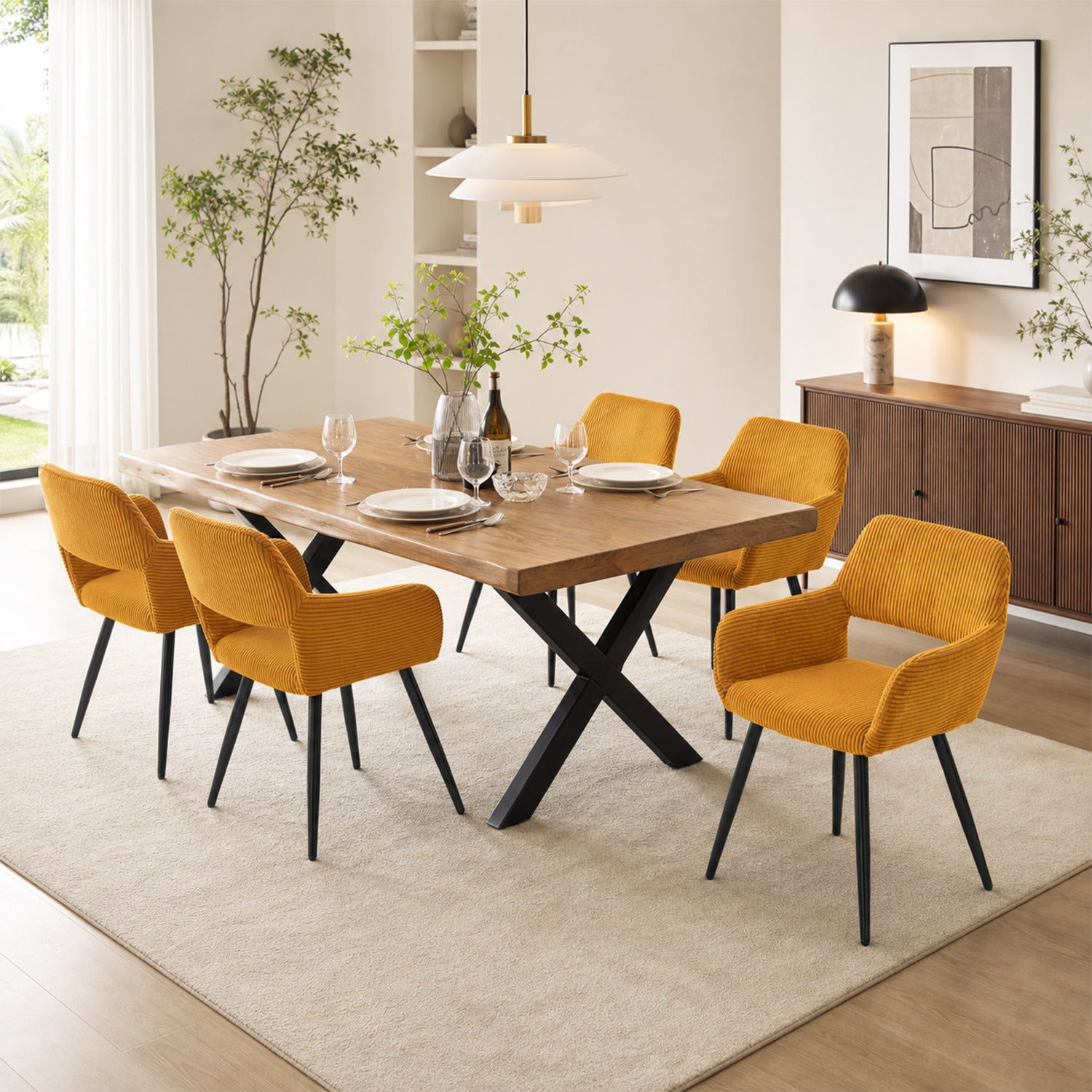 Set of 6 Scandinavian dining room armchairs with Safran yellow velvet armrests - Cromwell Corduroy