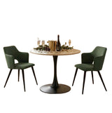 Ensemble de salle à manger composé d'une table ronde en chêne et de deux fauteuils en tissu vert, scandinave pour la salle à manger