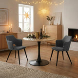 Ensemble de salle à manger composé d'une table ronde en chêne et de deux fauteuils en tissu gris, scandinave pour la salle à manger