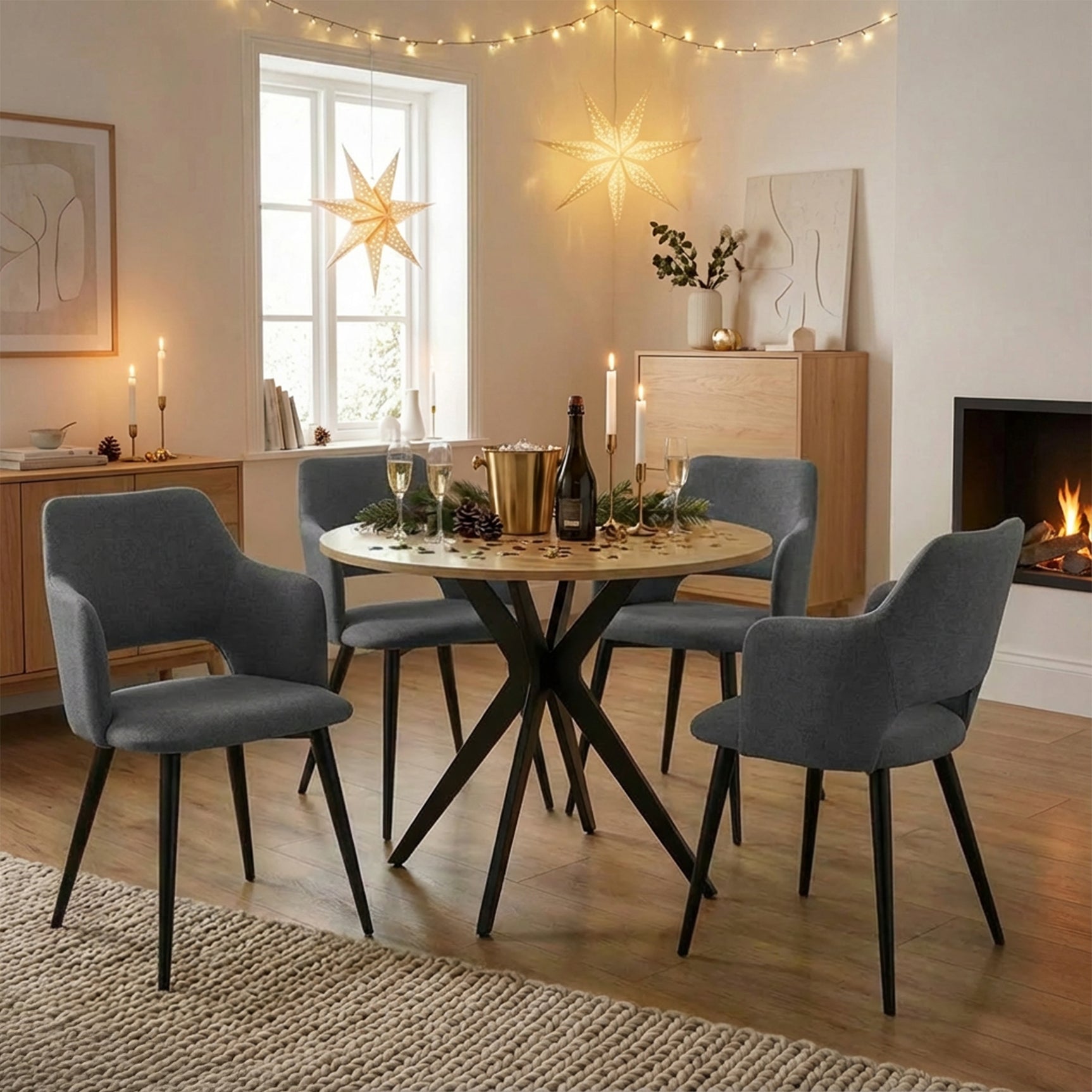Ensemble table à manger ronde en chêne avec pieds en forme de X et 4 fauteuils en tissu gris de style scandinave pour salle à manger