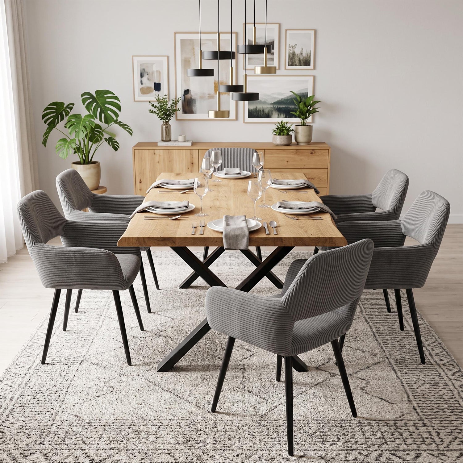 Set 6 skandinavischer Esszimmer Sessel mit grauen Samtarmlehnen - Cromwell Cord