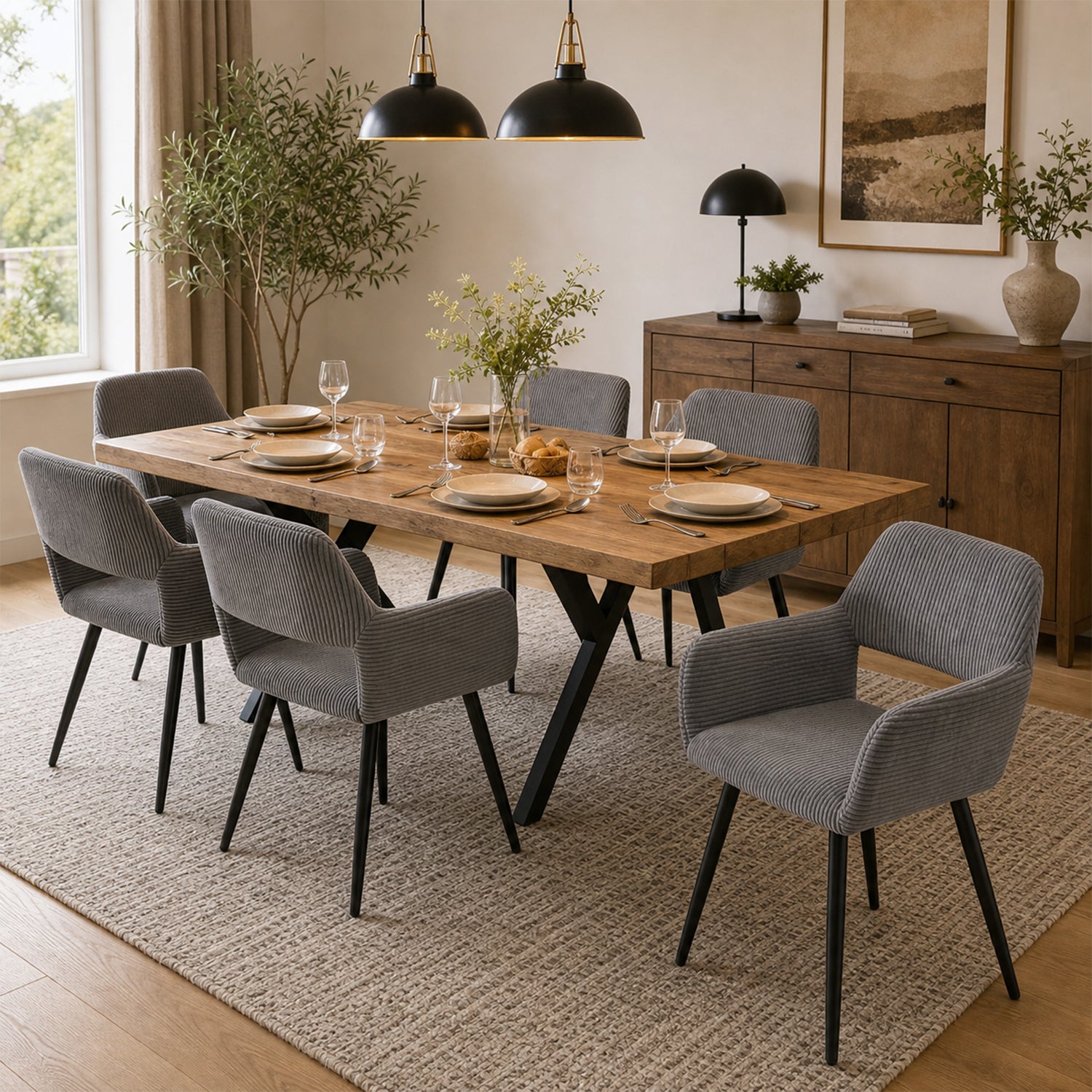Set 6 skandinavischer Esszimmer Sessel mit grauen Samtarmlehnen - Cromwell Cord