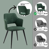 Ensemble table à manger ronde en chêne avec pieds en forme de X et 2 fauteuils en tissu vert de style scandinave pour salle à manger