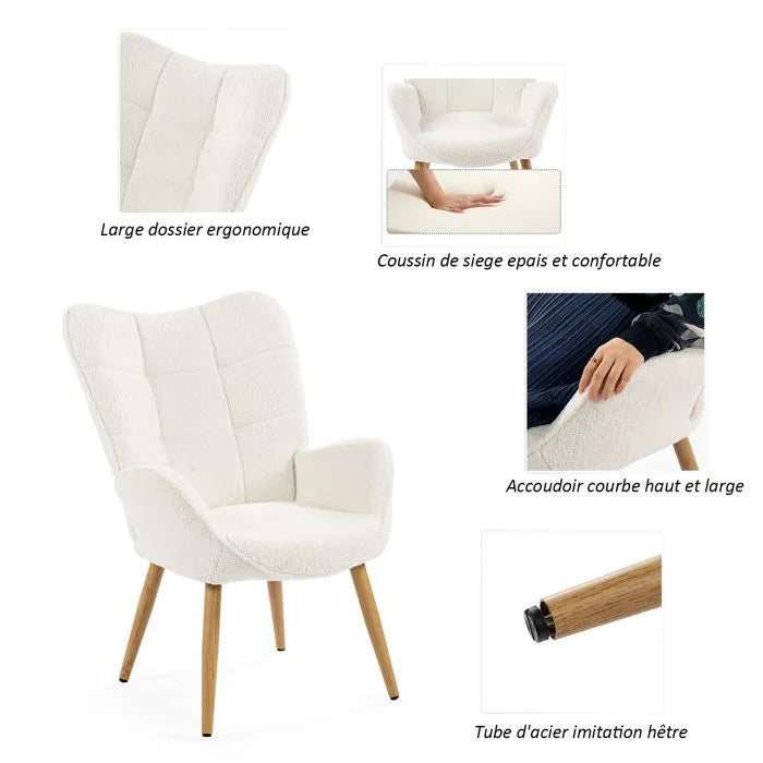 Fauteuil scandinave avec accoudoirs en tissu mouton boulette beige à surpiqûres - KANAS