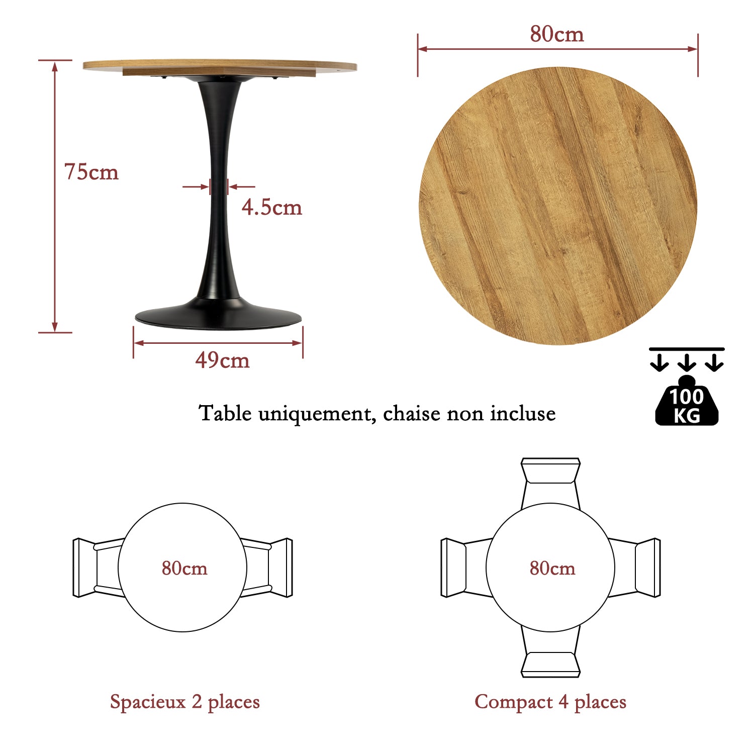 Ensemble de salle à manger composé d'une table ronde en chêne et de deux fauteuils en tissu gris, scandinave pour la salle à manger