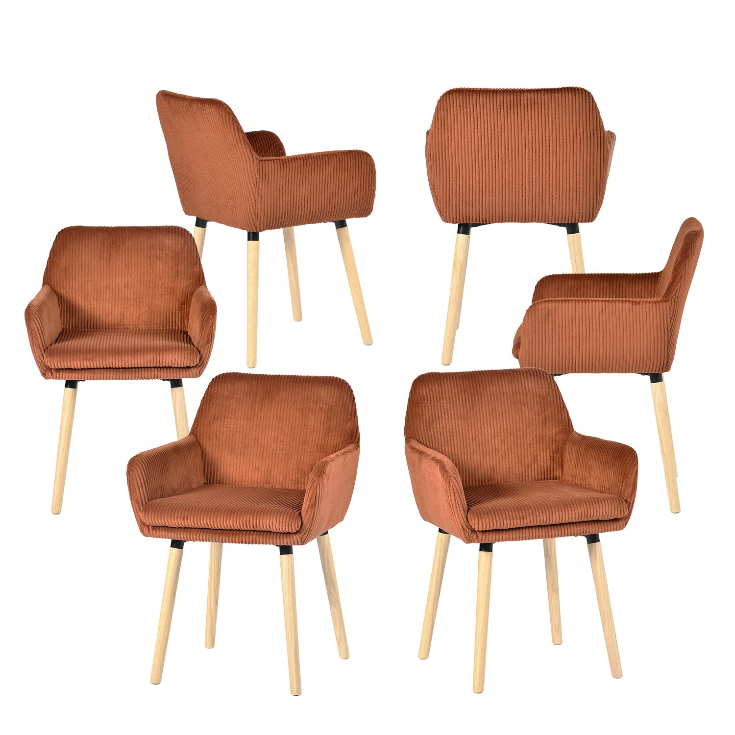 Lot de 6 chaises de salle à manger de style scandinave avec pieds en bois et accoudoirs en velours côtelé rouge - ELIA