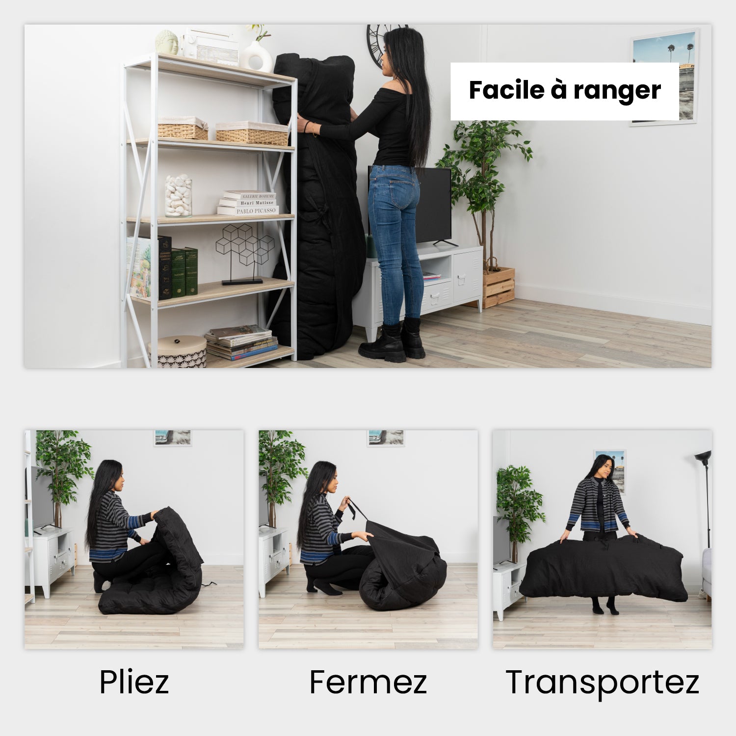 Matelas futon portable pliable 2 places noir, 135x190x10cm - MICA