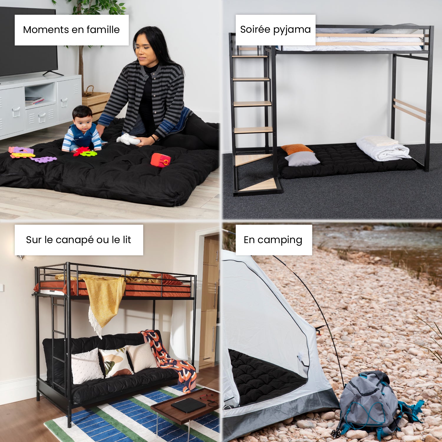 Matelas futon portable pliable 2 places noir, 135x190x10cm - MICA