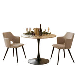 Ensemble de salle à manger composé d'une table ronde en chêne et de deux fauteuils en tissu beige, scandinave pour la salle à manger