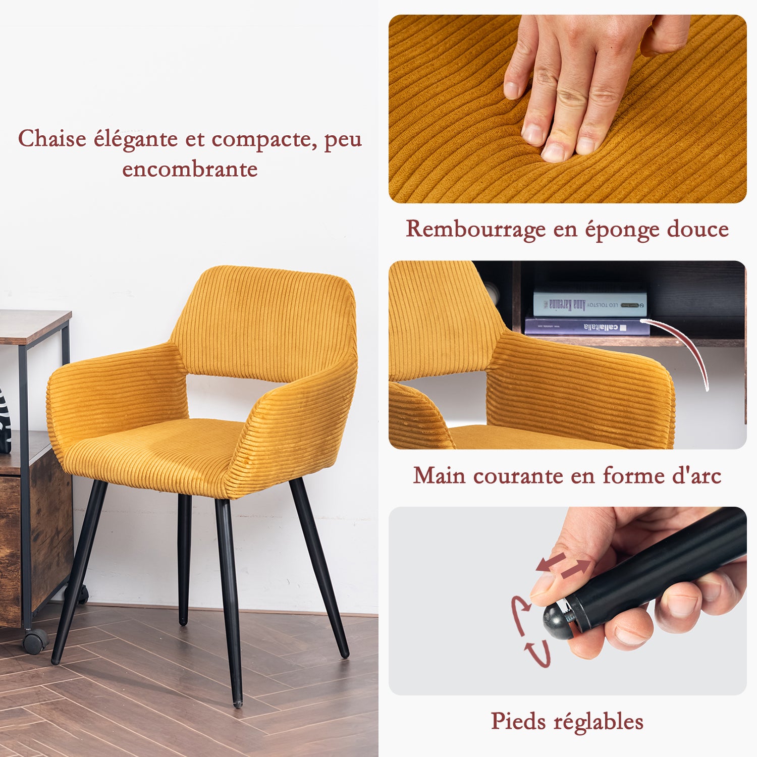 Ensemble de salle à manger de style scandinave comprenant une table ronde en chêne et 2 chaises en velours côtelé jaune