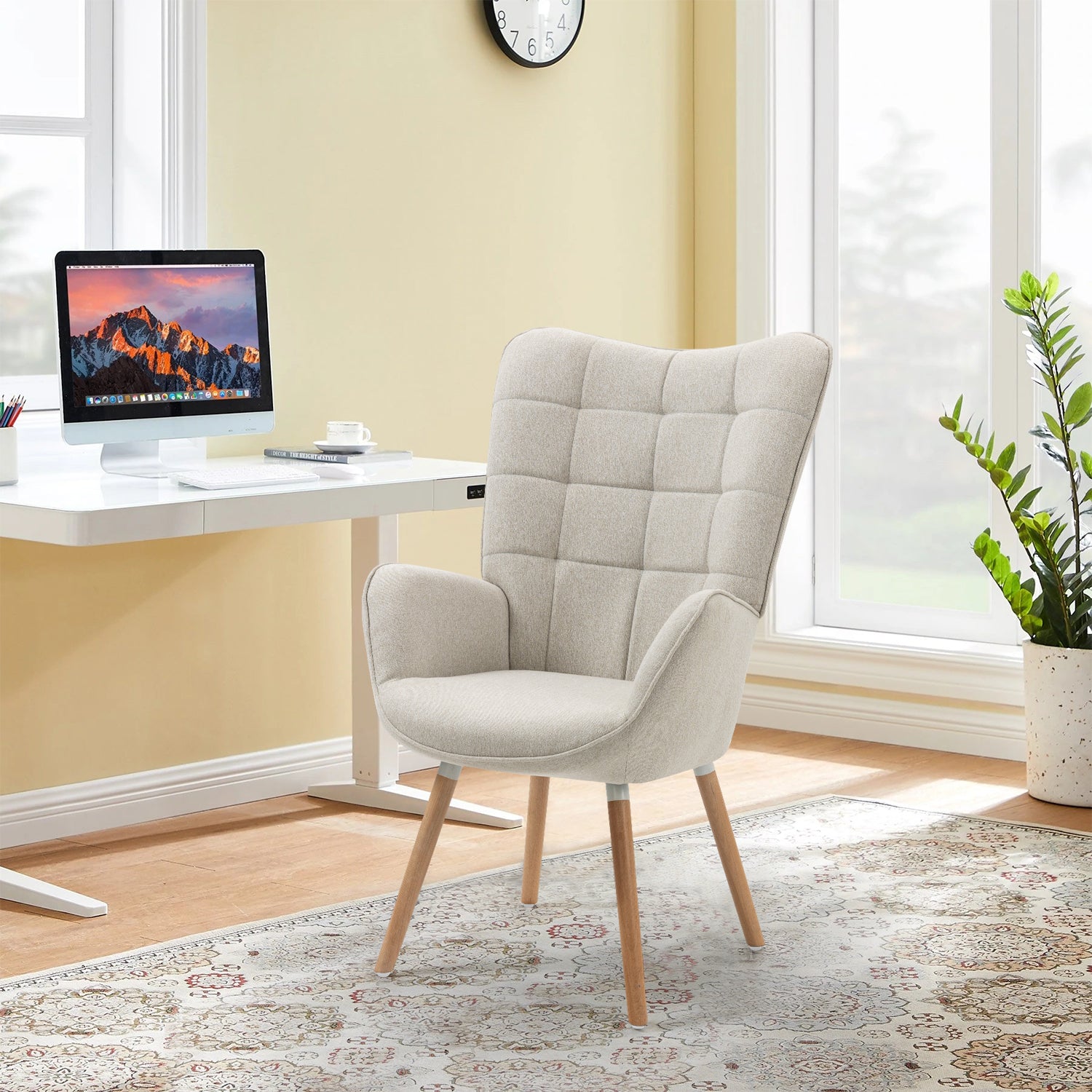 Fauteuil de bureau capitonné tissu beige