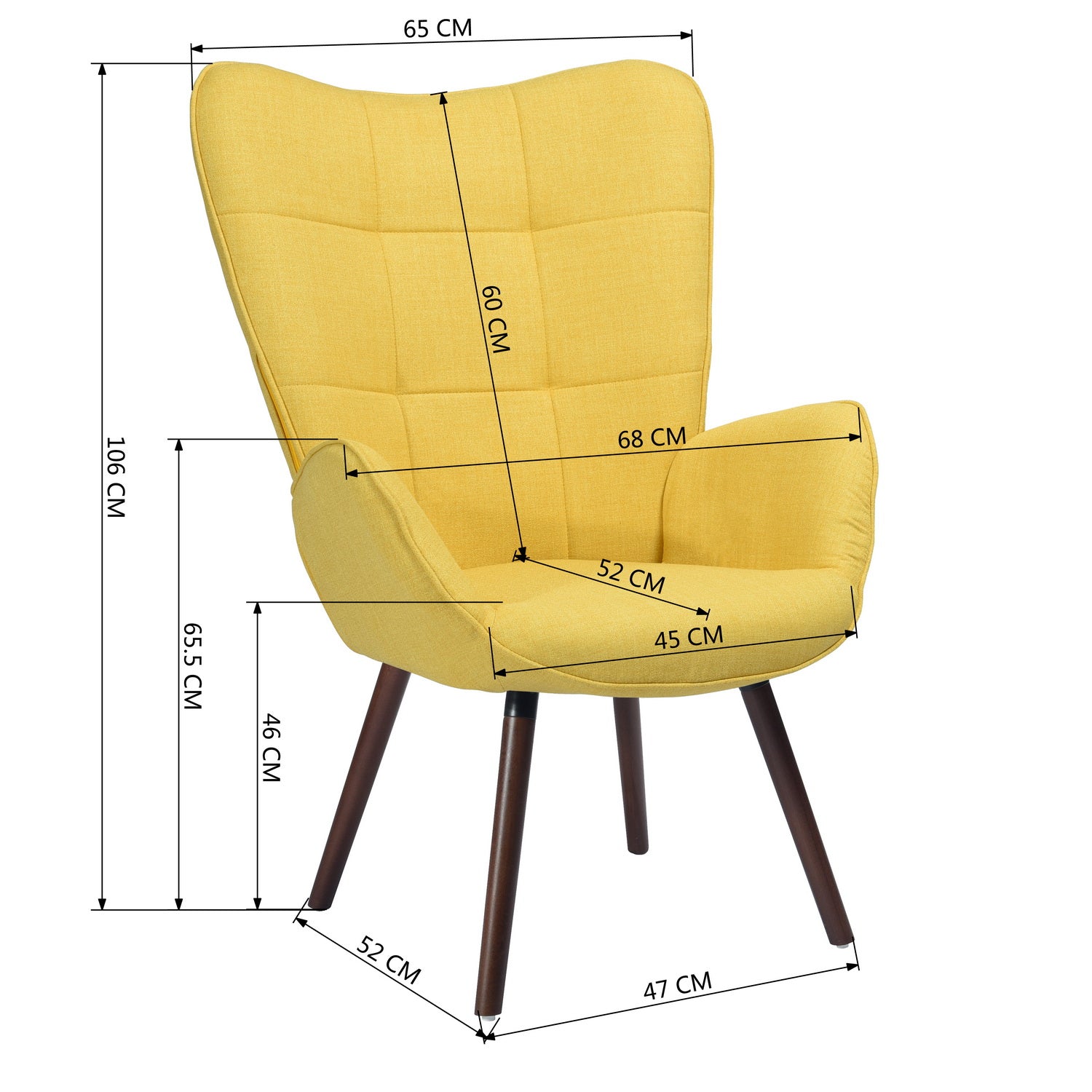 Fauteuil scandinave capitonné avec accoudoirs jaune, pieds en bois - BOGDAN YELLOW WOOD LEG