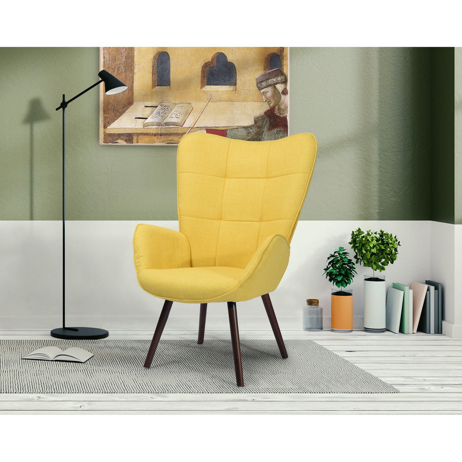 Fauteuil scandinave capitonné avec accoudoirs jaune, pieds en bois - BOGDAN YELLOW WOOD LEG