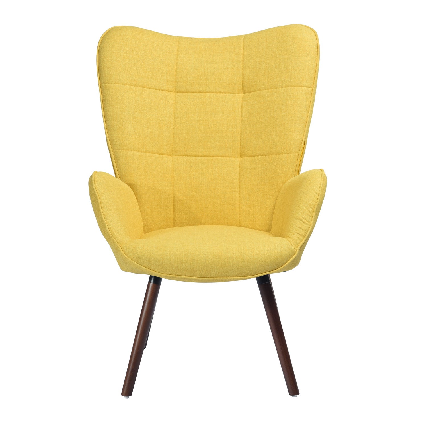 Fauteuil scandinave capitonné avec accoudoirs jaune, pieds en bois - BOGDAN YELLOW WOOD LEG