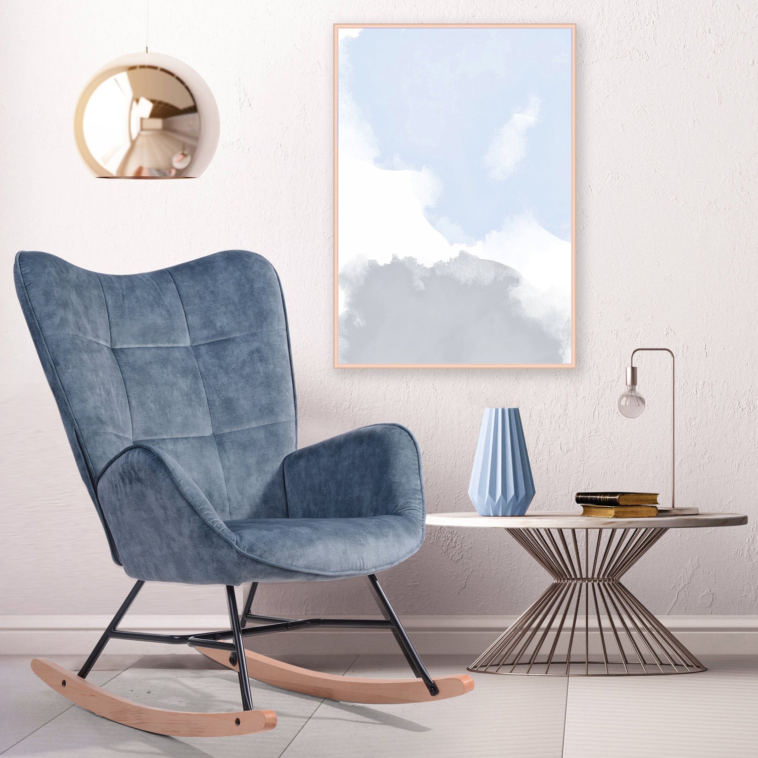 Fauteuil à bascule capitonné rocking chair en velours bleu - KELAN BLUE