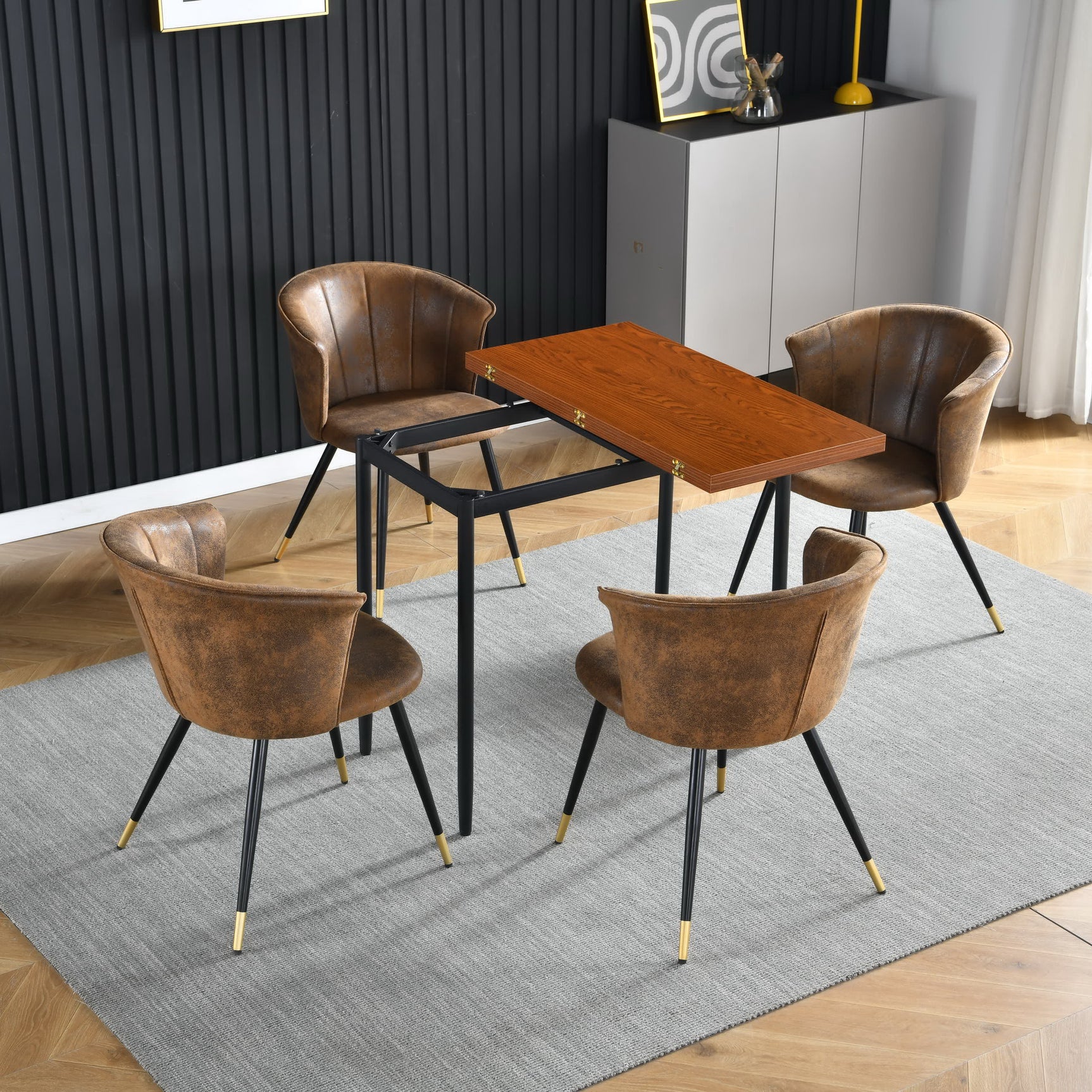 Set di 2 sedie da pranzo retrò in pelle scamosciata, gambe in metallo nero e oro, DONCIC SUEDE BROWN BG