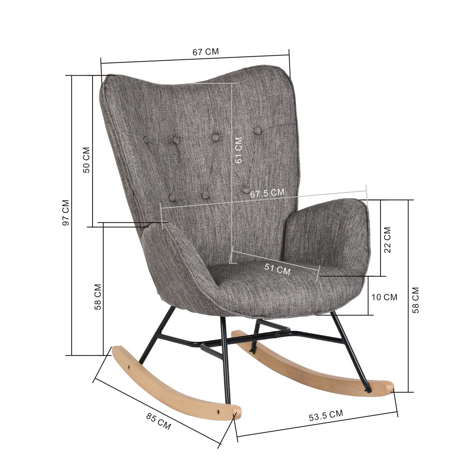 Comfortable rocking chair in dark gray fabric with armrests and padded back EPPING DARK GRAY