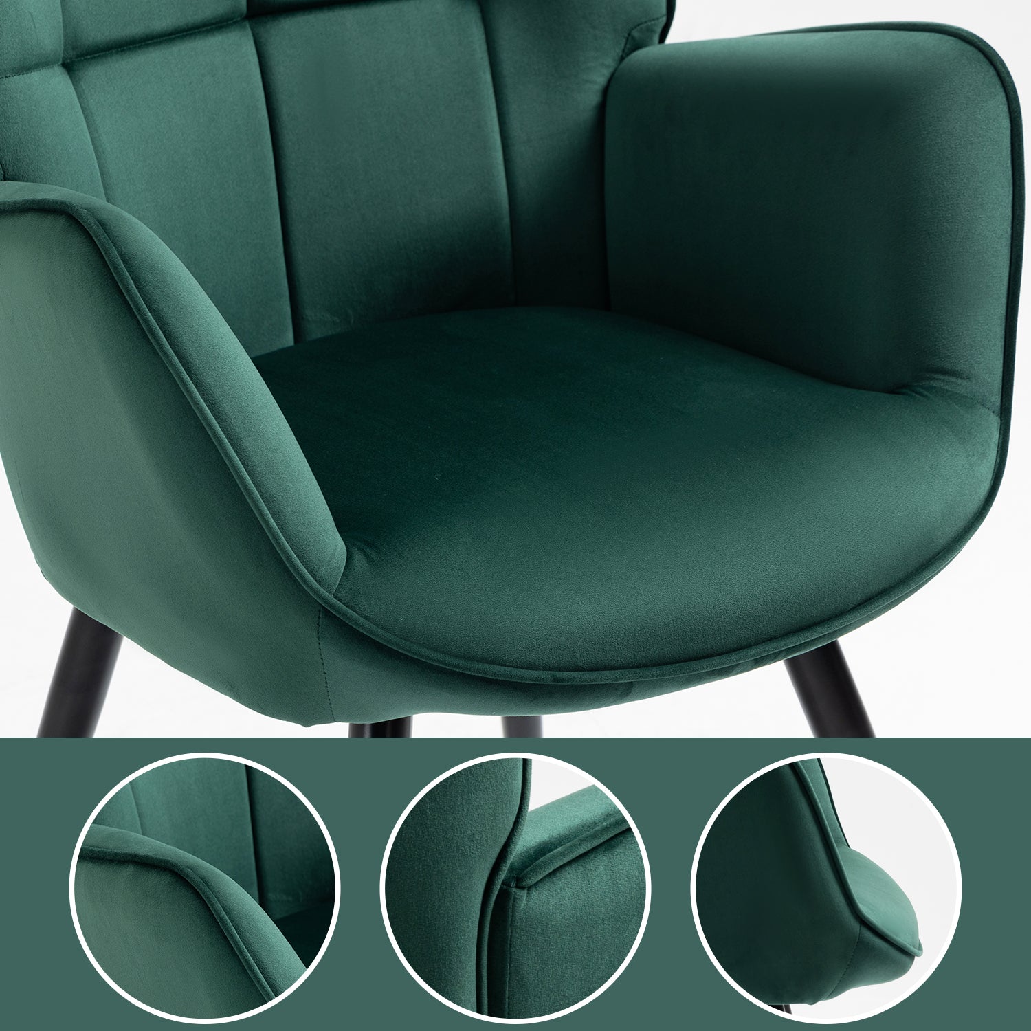Sillón escandinavo con reposabrazos en terciopelo verde con costuras - FUNKEL