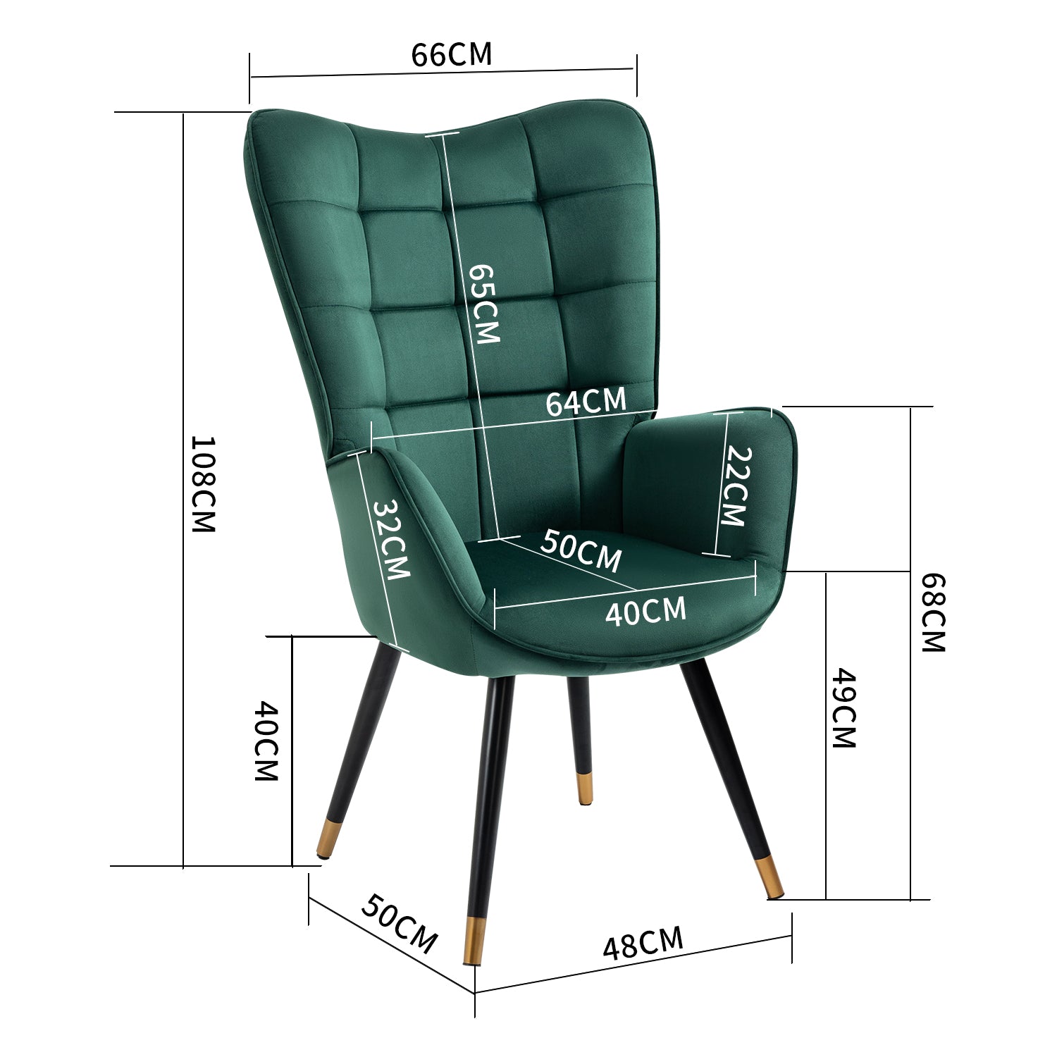 Sillón escandinavo con reposabrazos en terciopelo verde con costuras - FUNKEL