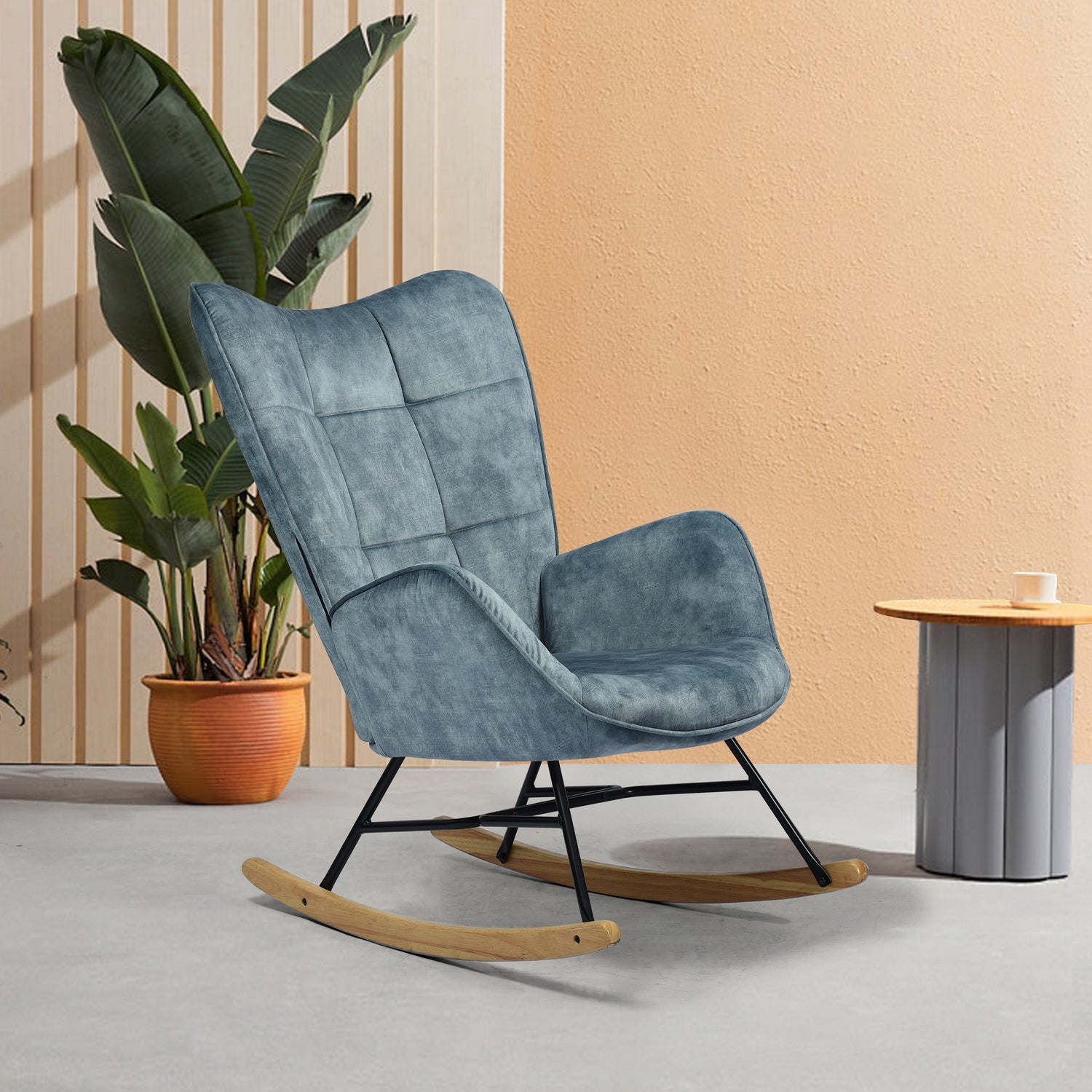 Fauteuil à bascule capitonné rocking chair en velours bleu - KELAN BLUE