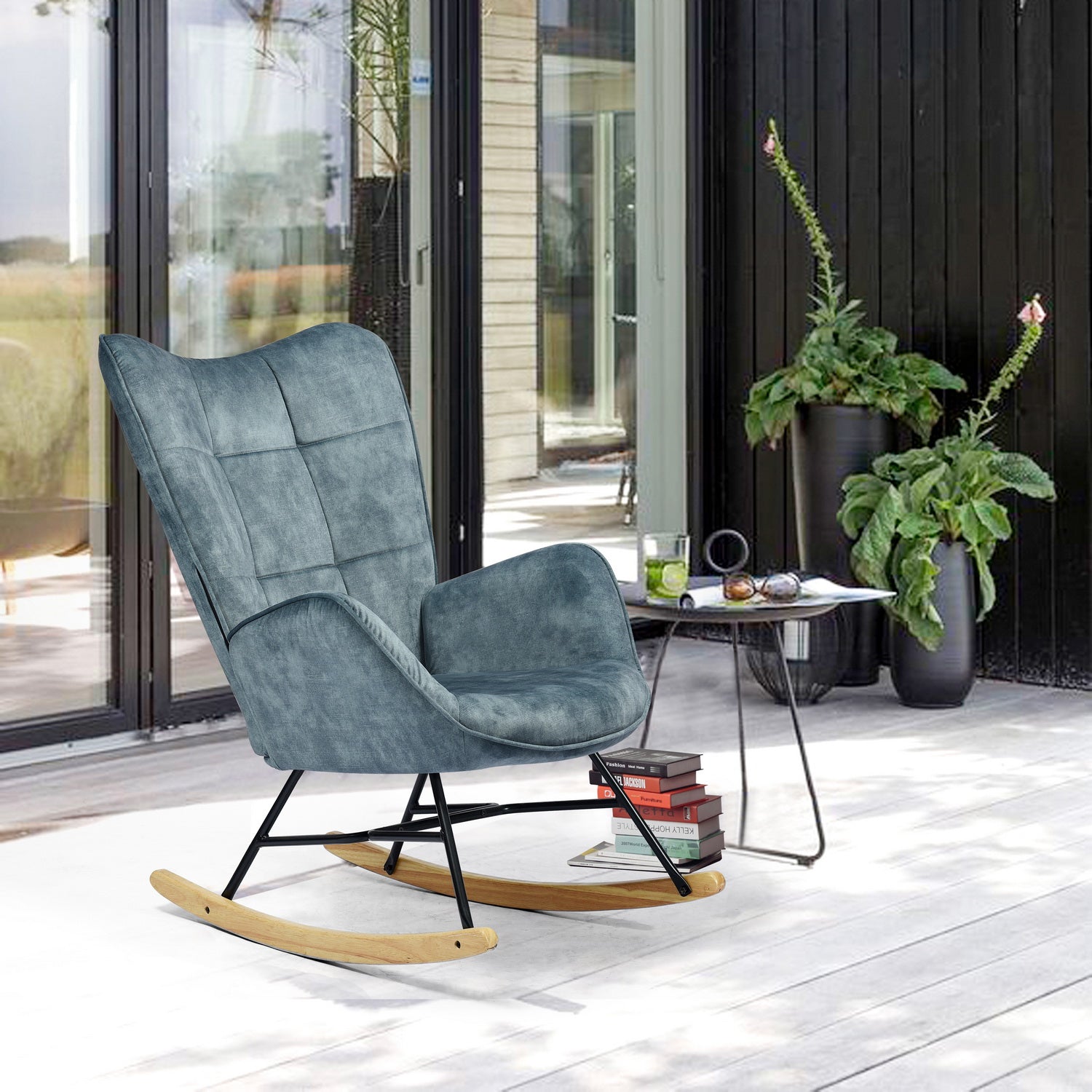 Fauteuil à bascule capitonné rocking chair en velours bleu - KELAN BLUE